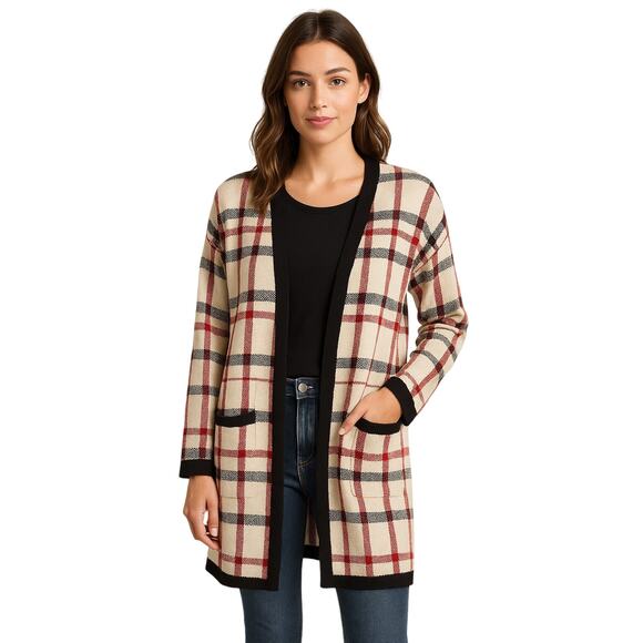 Birch NY Red Black Plaid Open Front Longline Cardigan Sweater – Size L - Picture 1 of 7